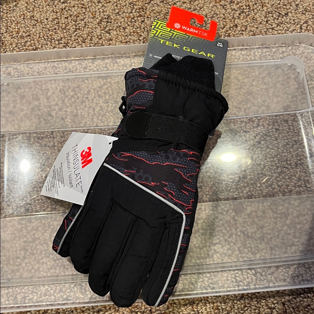 New TekGear WarmTek Thinsulate insulated M-L 8-20 reflective black ski gloves